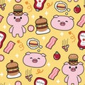 Seamless pattern of cute pig with hamburger on yellow background.Farm animal