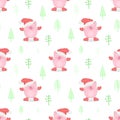 Seamless pattern of a cute pig in a New Year`s cap, mittens and boots on a background of Christmas trees. Vector illustration of Royalty Free Stock Photo