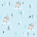 Seamless pattern cute pig on skates in winter forest, vector illustration Royalty Free Stock Photo