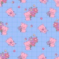 Seamless pattern with cute pigs. Smiling piggy with bouquet flowers on blue checkered background with butterflies and Royalty Free Stock Photo
