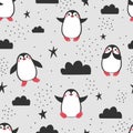 Seamless pattern with cute pinguins with clouds and stars on grey background. Royalty Free Stock Photo