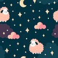 seamless pattern with pink cartoon sheep, clouds, stars and moon on a dark background Royalty Free Stock Photo