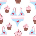 Seamless pattern with cute pink cupcacke and underwear with herts. Cute food illustration for packaging and gifts, holidays Royalty Free Stock Photo