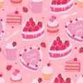 Seamless pattern with cute pink desserts. Vector graphics