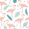 Seamless pattern with cute pink flamingo