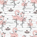 Seamless pattern with cute pink flamingos. Striped background. Vector. Royalty Free Stock Photo