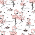 Seamless pattern with cute pink flamingos. Vector. Royalty Free Stock Photo