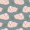 Seamless pattern, cute pink rabbits and twigs on a gray background. Print, textile, holiday decor