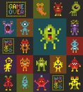 Seamless pattern with cute pixel monsters from the space. Royalty Free Stock Photo