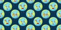 Seamless pattern with cute planet Earth characters with face. Kawaii globe. Funny celestial body. Hands hold our planet. Royalty Free Stock Photo