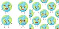 Seamless pattern with cute planet Earth characters with face. Kawaii globe. Funny celestial body. Hands hold our planet. Royalty Free Stock Photo