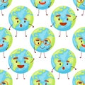 Seamless pattern with cute planet Earth characters with face. Kawaii globe. Funny celestial body. Hands hold our planet. Royalty Free Stock Photo