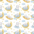Seamless pattern with cute polar baby bear on moon, cloud and pillow. Royalty Free Stock Photo
