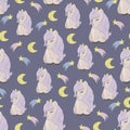 Seamless pattern with cute ponies, moon and stars. Decorative wallpaper for the nursery in the Scandinavian style. Vector.