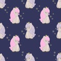 Seamless pattern with cute ponies among the stars. Decorative wallpaper for the nursery in the Scandinavian style. Vector.