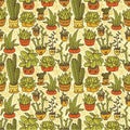 Seamless pattern of cute potted plants with funny cartoon faces Royalty Free Stock Photo