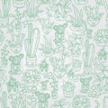 Seamless pattern of cute potted plants with funny cartoon faces Royalty Free Stock Photo