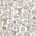 Seamless pattern of cute potted plants with funny cartoon faces Royalty Free Stock Photo