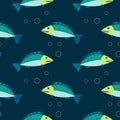 Seamless pattern, cute predatory turquoise fish on a blue background with bubbles, Print, background, textile, wallpaper Royalty Free Stock Photo