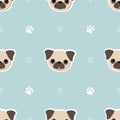 Seamless pattern with cute pug dogs. Background with pug faces. Pattern for packing of gifts, tiles fabric backgrounds. Sample for Royalty Free Stock Photo