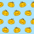 Seamless pattern with cute pumpkins on blue - cartoon background for funny Halloween autumn textile or wrapping paper design