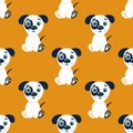 Seamless pattern with cute puppy. Little funny dogs for kids. Yellow background with nursery print baby dog,