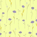 Seamless pattern with cute purple flowers. Soft yellow background.