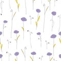 Seamless pattern with cute purple flowers. White background with stylized doodle roses. Royalty Free Stock Photo