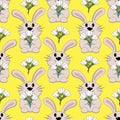 Seamless pattern with Cute Rabbit with bouquet snowdrop