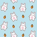 Seamless pattern of cute rabbit with carrot sticker on blue background.Easter.Rodent