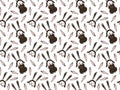 Seamless pattern of cute rabbit girls with a blush on their cheeks in children`s black polka dot dresses, their portraits with pig