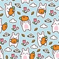 Seamless pattern of cute rabbit hold carrot with flower and leaf background.Rodent Royalty Free Stock Photo