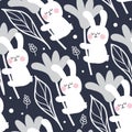 Seamless pattern of cute rabbit sleep on flower with leaf dark background.White bunny