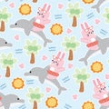 Seamless pattern of cute rabbit soft hair on dolphin in summer concept.Coconut tree