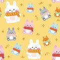 Seamless pattern of cute rabbit wear scarf sit on yellow background.Pet