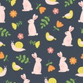 Seamless pattern of cute rabbits, birds, snails and flowers on dark grey background. Template for postcard, card, print Royalty Free Stock Photo