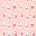 Seamless pattern with cute rabbits in love. Scandinavian happy baby bunnies in clothes with hearts