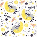 Seamless pattern with cute raccoon astronaut, planets, stars and comets. Space Background for Kids. Vector