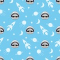 Seamless pattern with cute raccoon astronaut in space.