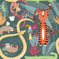 Seamless pattern with cute rain forest animals, tiger, snake, sloth