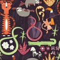 Seamless pattern with cute rain forest animals, tiger, snake, sloth