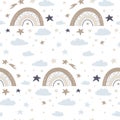 Seamless pattern with cute rainbows and clouds. Vector Illustration