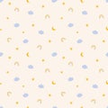 Seamless pattern with rainbows, stars, moons and clouds