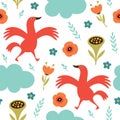 Seamless pattern with cute red birds and flowers and branches. Fabric pattern, kids apparel print, wrapping gift paper Royalty Free Stock Photo