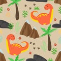 Seamless pattern with cute red dinosaur and mountains - vector illustration, eps