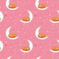 Seamless pattern with cute red panda sleepping on the half moon with a star. Illustration for banner, sticker and poster for baby Royalty Free Stock Photo