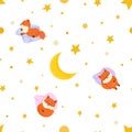 Seamless pattern with cute red sleeping foxes