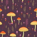 Seamless pattern of cute red and yellow mushrooms in cartoon style on dark purple background.