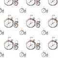 Seamless pattern with cute retro bikes. Hand drawn watercolor illustration