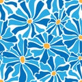 Seamless pattern with cute retro groovy flowers in blue and yellow colors Royalty Free Stock Photo